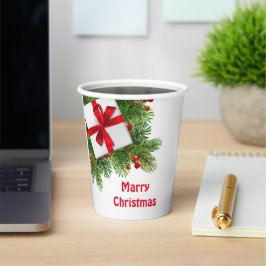 Vasos De Papel Navidades Pina Árboles con rojo presente en blanco