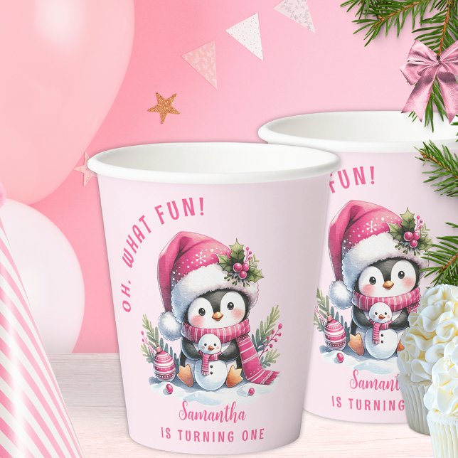 Vasos De Papel Navidades Pink Cute Penguin Chica Primer Cumpleaño (Subido por el creador)
