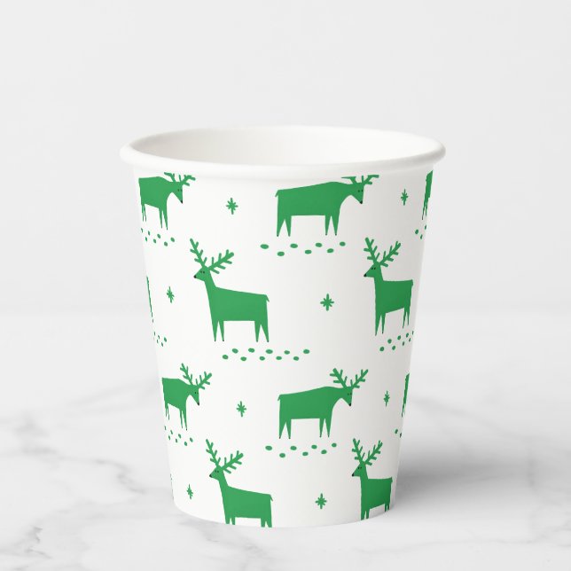 Vasos De Papel Navidades renos. Patrón animal de bosque verde (Anverso)