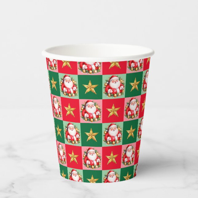 Vasos De Papel Navidades Retro Santa Claus Tartan Plaid (Anverso)