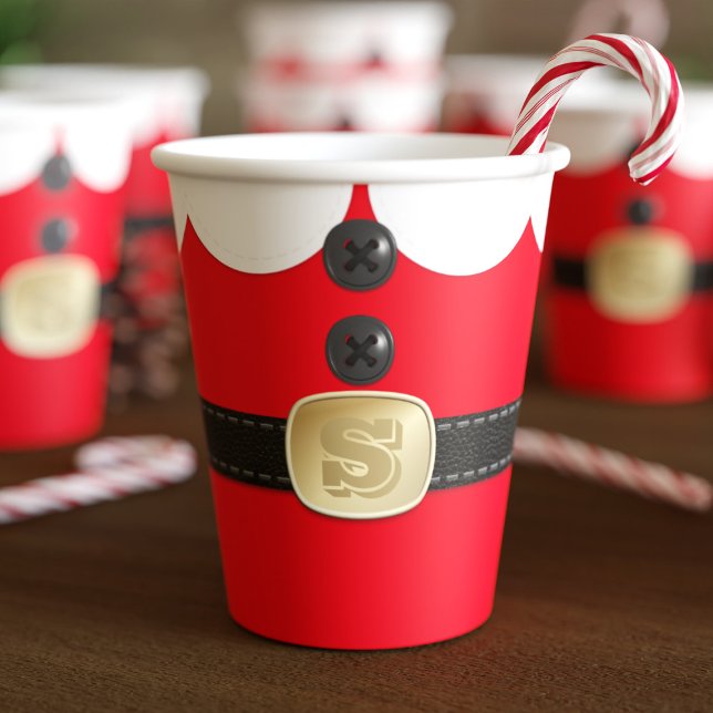 Vasos De Papel Navidades rojos Elf Costumen Papel de fiesta navid (Fun and festive red paper cups inspired by a Christmas Elf. Add your initial to the best and party!)