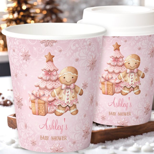 Vasos De Papel Navidades rosados Chica hombre pan de jengibre Bab (Gingerbread Man Girl Pink Christmas Baby Shower Paper Cups)