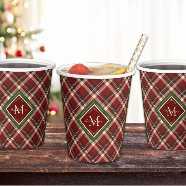 Vasos De Papel Navidades Rústicos Red Green Plaid Simple Monogram (Subido por el creador)