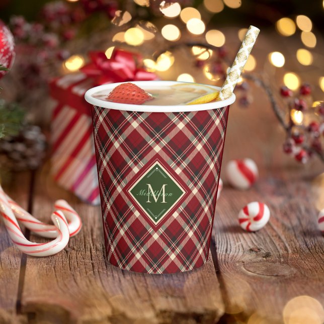 Vasos De Papel Navidades Rústicos Red Green Plaid Simple Monogram (Subido por el creador)