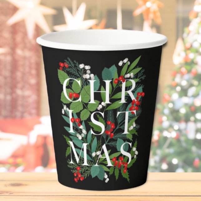 Vasos De Papel NAVIDADES Typography Berries Greenery Black (Subido por el creador)