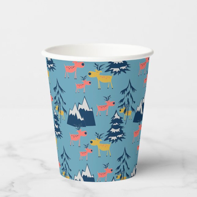 Vasos De Papel Navidades venados, árboles de Navidad, montañas (Anverso)