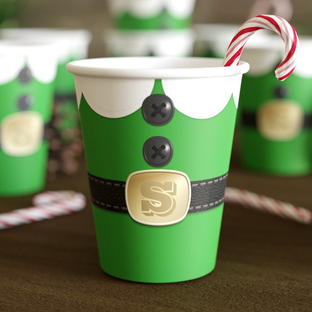 Vasos De Papel Navidades verdes elf vestuario de copas de papel d (Fun and festive paper cups inspired by a Christmas elf. Just add your initial to the belt)