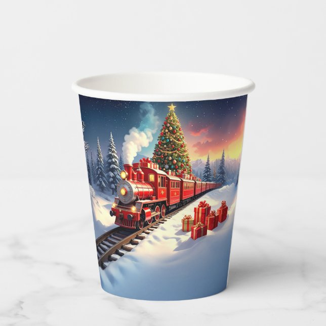 Vasos de Papel Navideños Árbol de Navidad Tren Roj (Reverso )