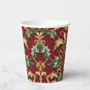 Vasos de Papel Navideños Hojas Rojas Verdes Dorada