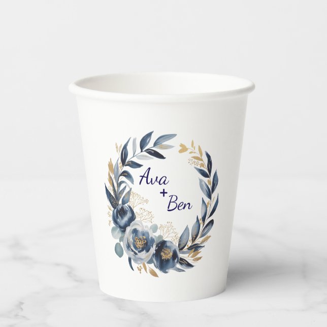 Vasos De Papel Navy Blue and Gold Peony Flower Wedding (Anverso)