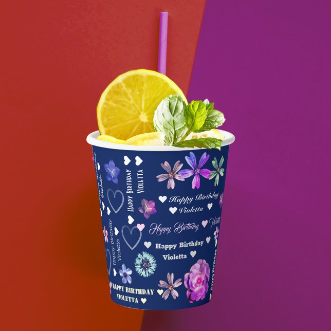 Vasos De Papel Navy Blue Cute Girly nombre floral feliz cumpleaño (Subido por el creador)