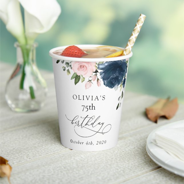 Vasos De Papel Navy Blue Flowers, Pink Flowers, Boho, Birthday (in situ)