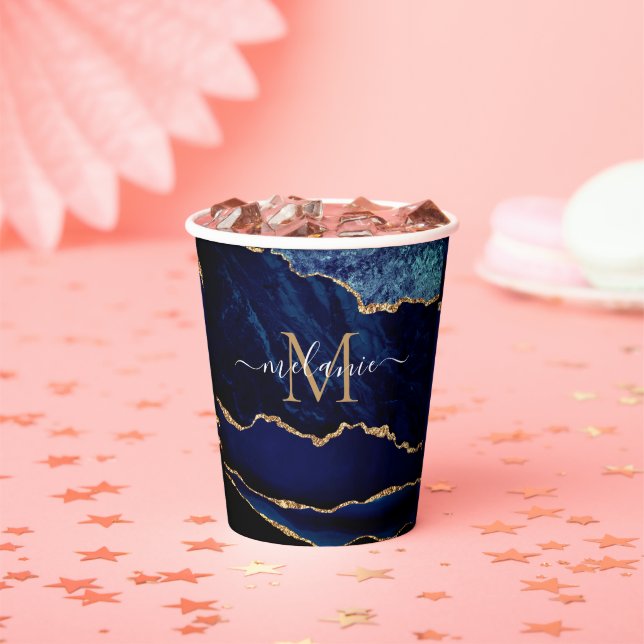 Vasos De Papel Navy Blue Gold Paper Cups Personalized Name Letter (in situ)