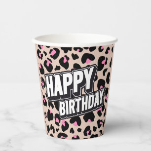 Vasos De Papel Negrita Pink Leopard Happy Birthday Paper Cup