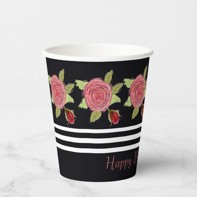 Vasos De Papel Negro con floral (Anverso)