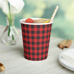 Vasos De Papel Negro Cuadro de Gingham Rojo Búfalo Rústico