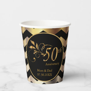 Vasos De Papel Negro y Dorado Chevron 50 Aniversario de Boda