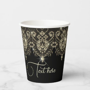 Vasos De Papel Negro y dorado encaje diamante brillo elegante