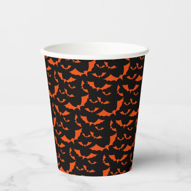 Vasos De Papel negro y naranja murciélagos patrón halloween taza  (Anverso)