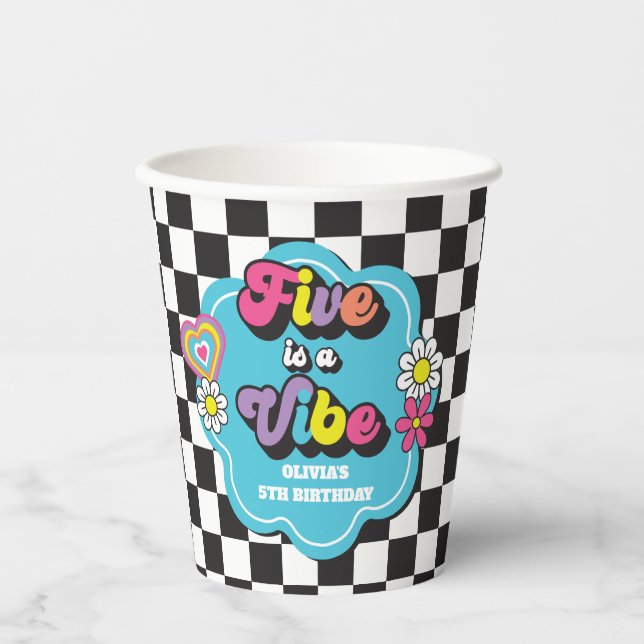 Vasos De Papel Neon 90s Retro Five es una Vibra Cumpleaños 5 (Anverso)