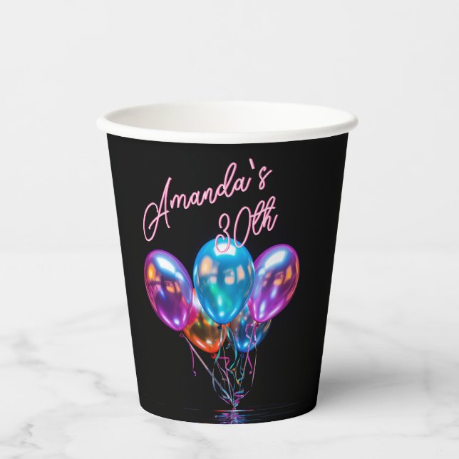 Vasos De Papel Neon Blacklight Balloons Cocktail Cumpleaños (Anverso)