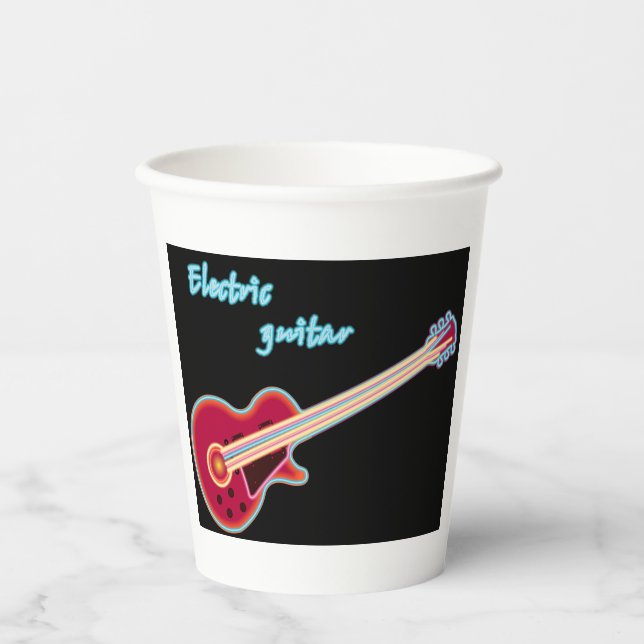 Vasos De Papel Neon Electric Guitar Retro 80s Rock Music (Anverso)