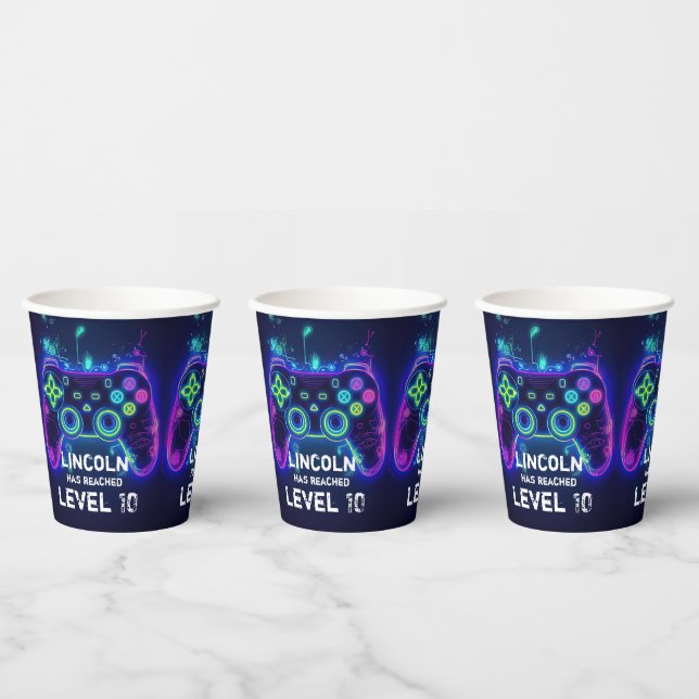 Vasos De Papel Neon Gamer Arcade Video Game Level Up Cumpleaños (Multi)