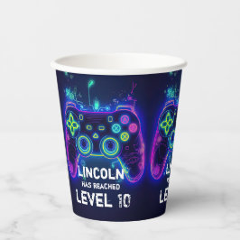 Vasos De Papel Neon Gamer Arcade Video Game Level Up Cumpleaños