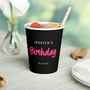 Vasos De Papel Neon Pink & Black Birday Party Chica