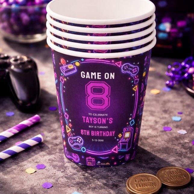 Vasos De Papel Neón Resplandor Juego Retro de Arcade Cumpleaños 8 (Neon Glow Retro Arcade Gaming 8th Birthday Paper Cups)