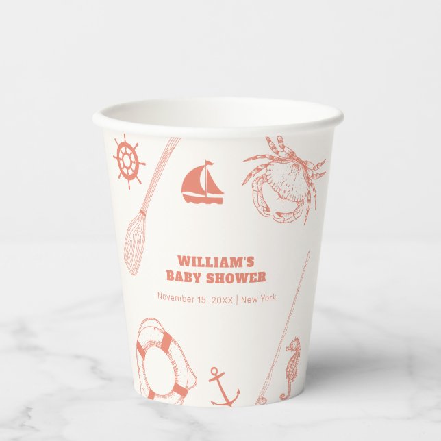 Vasos De Papel Neutral Modern Nautical Fishing Boy Baby Shower (Anverso)