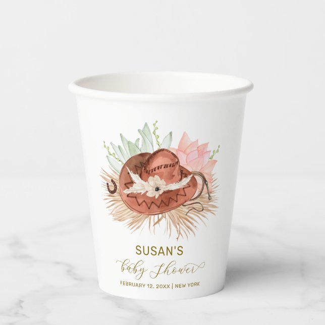 Vasos De Papel Neutral moderno Boho Cactus Cowboy Gorra Baby Show (Anverso)