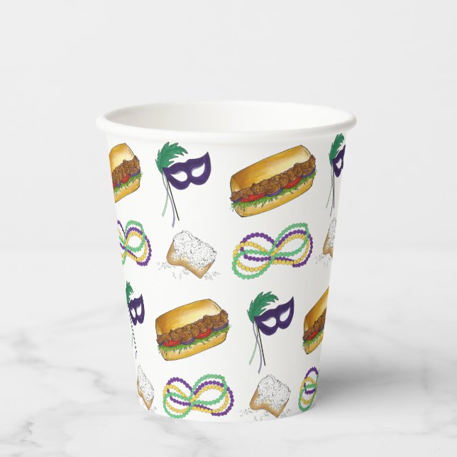 Vasos De Papel New Orleans Mardi Gras Beignet Beads Máscara Po'Bo (Anverso)
