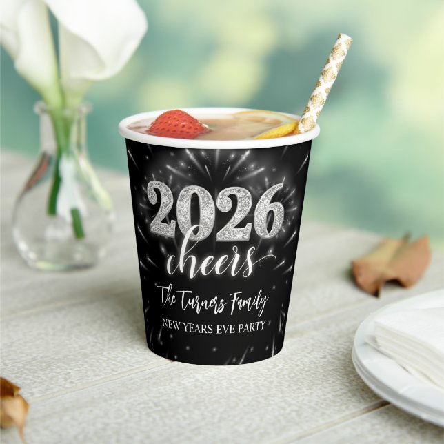 Vasos De Papel New Year's Eve 2026 Party Silver & Black (in situ)