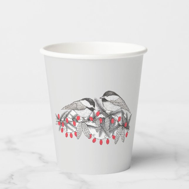 Vasos De Papel Nieve feriada para Navidades de invierno con aves  (Anverso)