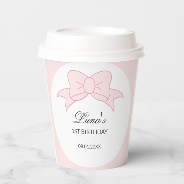 Vasos De Papel Niña con lazo rosa cumpleaños 1  (Anverso)