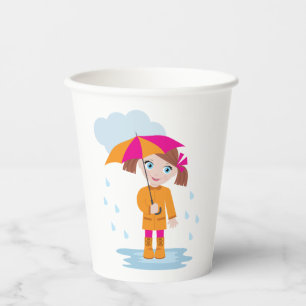 Vasos De Papel Niña Pequeña con Impermeable Naranja y Paraguas Ro