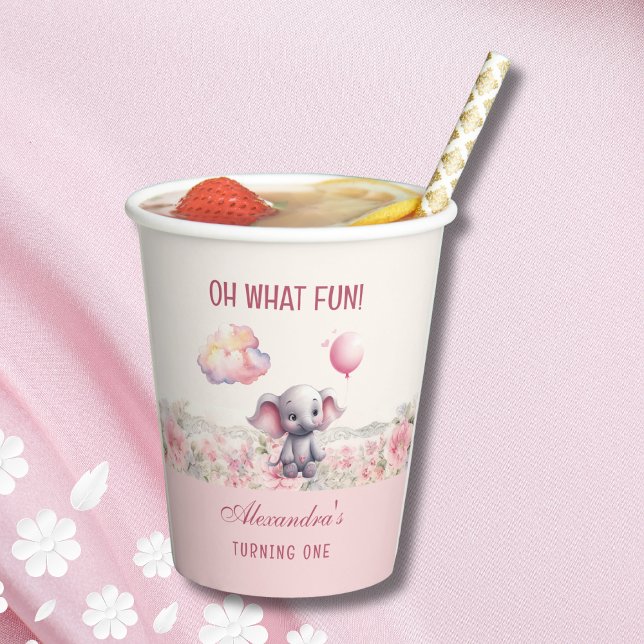 Vasos De Papel Niña Rosa Cute Elefante Primer Fiesta de cumpleaño (Subido por el creador)