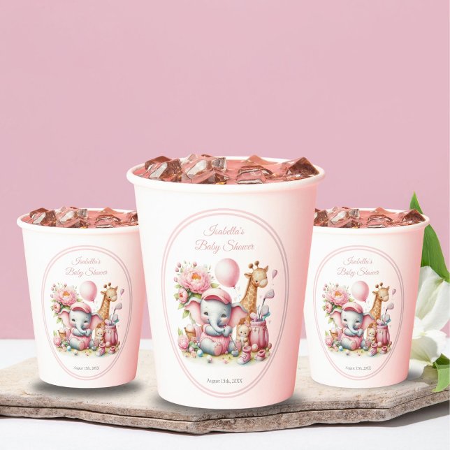 Vasos De Papel Niña Rosa Elefante y Giraffe Golf Baby Shower (Subido por el creador)