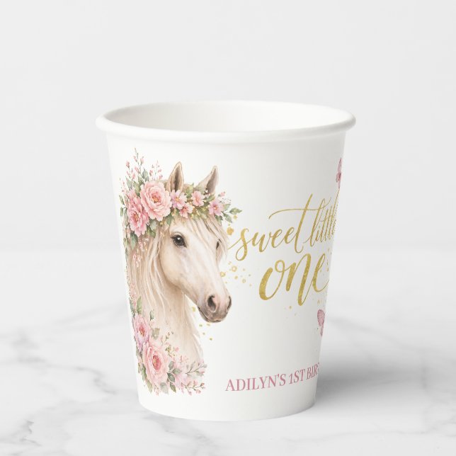 Vasos De Papel Niñas Cumpleaños 1 Floral Rosa Caballo (Anverso)
