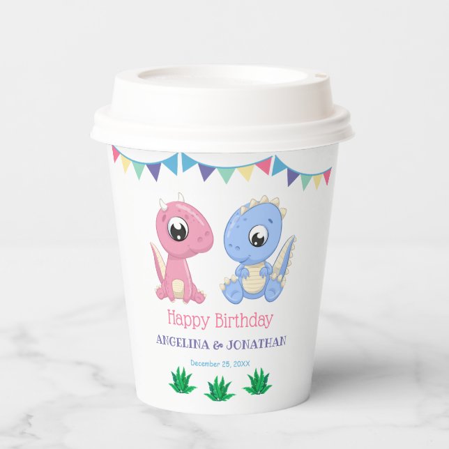 Vasos De Papel Niño Dinosaurio y Chica Cumpleaños Conjunto (Anverso)