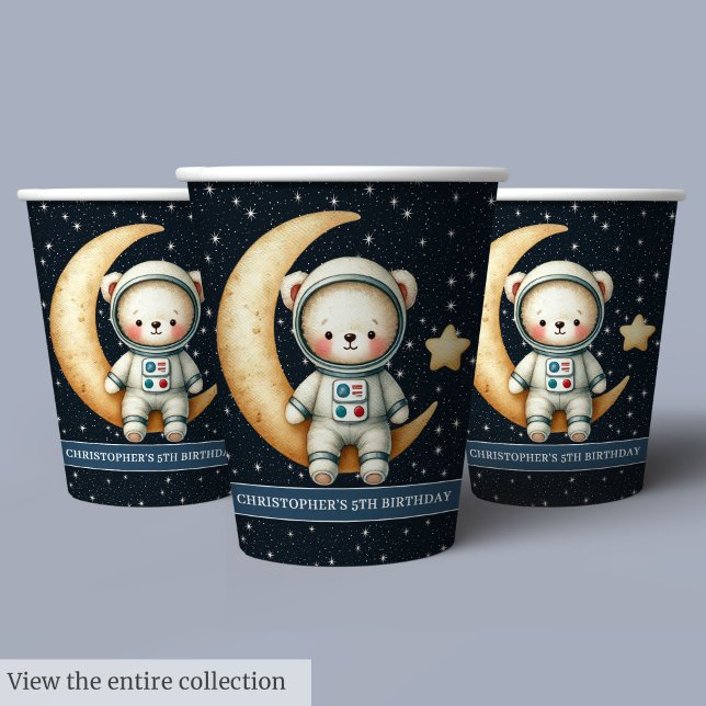 Vasos De Papel Niño Fiesta espacial de cumpleaños rapta astronaut (Boy Birthday Space Party Cups Teddy Bear Astronaut)