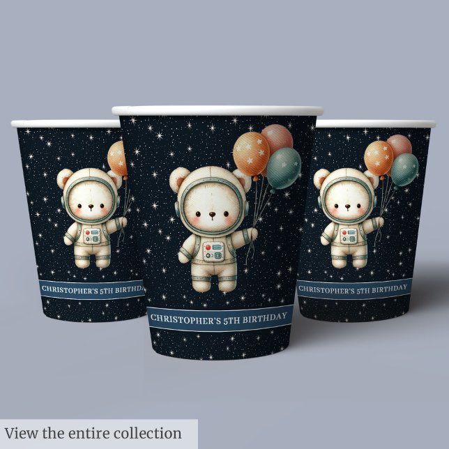 Vasos De Papel Niño Personalizado Cupo de cumpleaños Teddy Bear (Personalized Boy Birthday Party Cups Teddy Bear Astronaut)
