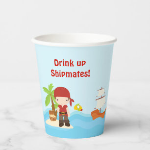 Vasos De Papel Niño pirata de brunette lindo en cumpleaños rojo