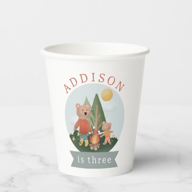 Vasos De Papel Niños Bosque Moderno Camping Osos Cumpleaños (Anverso)