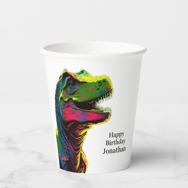 Vasos De Papel Niños de cumpleaños felices de dinosaurios Cuadros (Anverso)