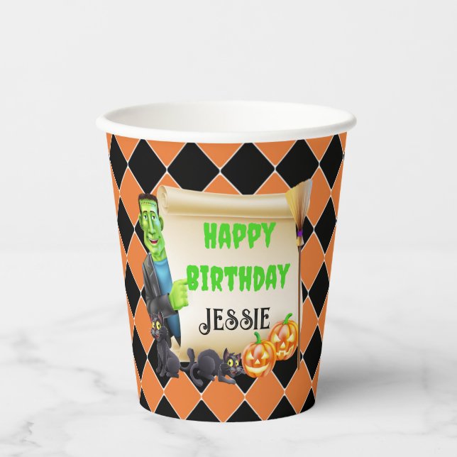 Vasos De Papel Niños de Halloween nombran Personalizado de cumple (Anverso)