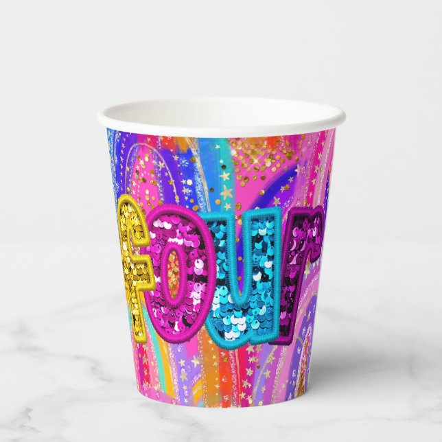 Vasos De Papel Niños en el arcoiris por el cuarto cumpleaños (Reverso )