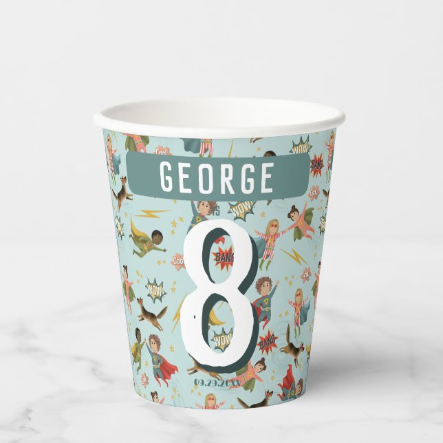 Vasos De Papel Niños Guay Blue Comic Book Superhéroe niños Cumple (Anverso)