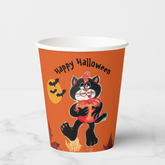 Vasos De Papel Niños Halloween Fiesta de gato negro lindo (Anverso)